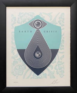 Shepard Fairey - Earth Crisis Letterpress, 2016: Shepard Fairey - Earth Crisis Letterpress, 2016Letterpress on cream cotton paper with hand-deckled edges, signed in pencil and numbered 337/350. Good condition, 43 x 35 cm. Frame dimensions: 49 x 41