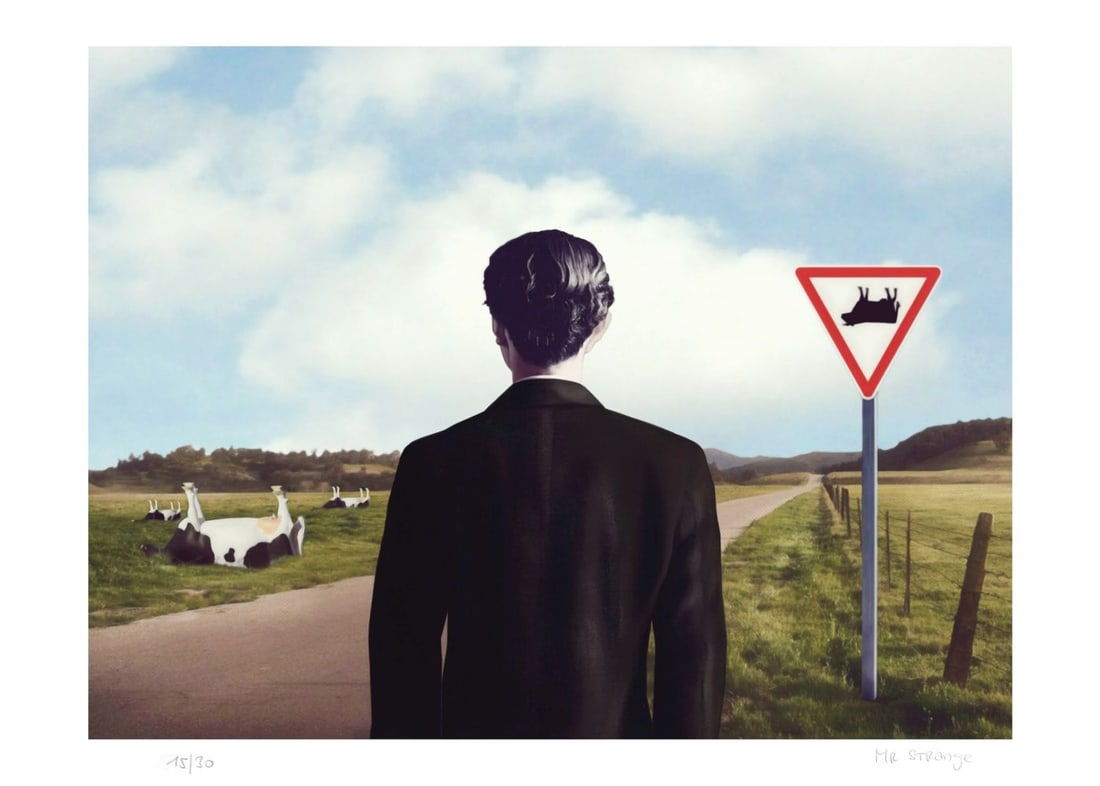 Mr Strange - Attention aux Vaches, 2019: Mr Strange - Attention aux Vaches, 2019Original digigraphy on Hanhemühle paper, signed in pencil and numbered 14/30, artist's dry stamp. Very good condition, 50 x 70 cm.Digigraphie originale sur papi