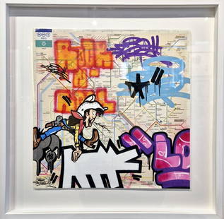 FAT - Lucky Luke on Keith's Dog (Metro Map of Paris), 2018: FAT - Lucky Luke on Keith's Dog (Metro Map of Paris), 2018Spray, acrylic and Posca on metro plan. Unique artwork hand signed by the artist, comes with COA. Good condition, 36 x 36 cm (artwork), 51 x