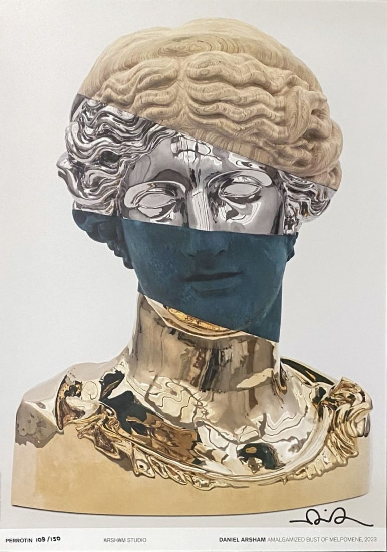 Daniel Arsham - Amalgamized Bust of Melpomene (Signed), 2023: Daniel Arsham - Amalgamized Bust of Melpomene (Signed), 2023Offset print on paper, hand signed by the artist and numbered 109/150. Very good condition, 70 x 50 cm.Impression offset sur papier, signée