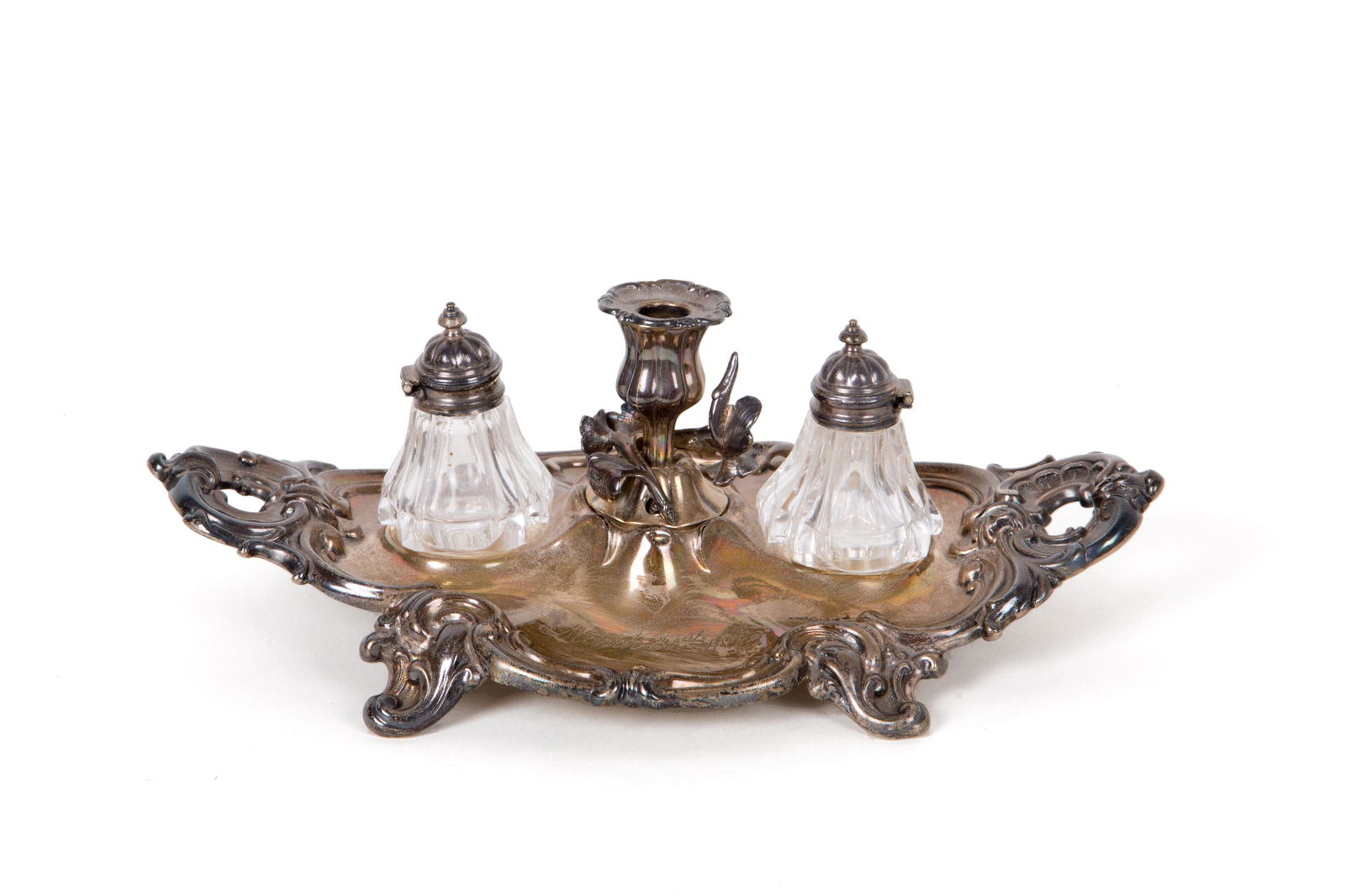 Silver inkwell with glasses flasks. Dated 1845 (1 of 3)