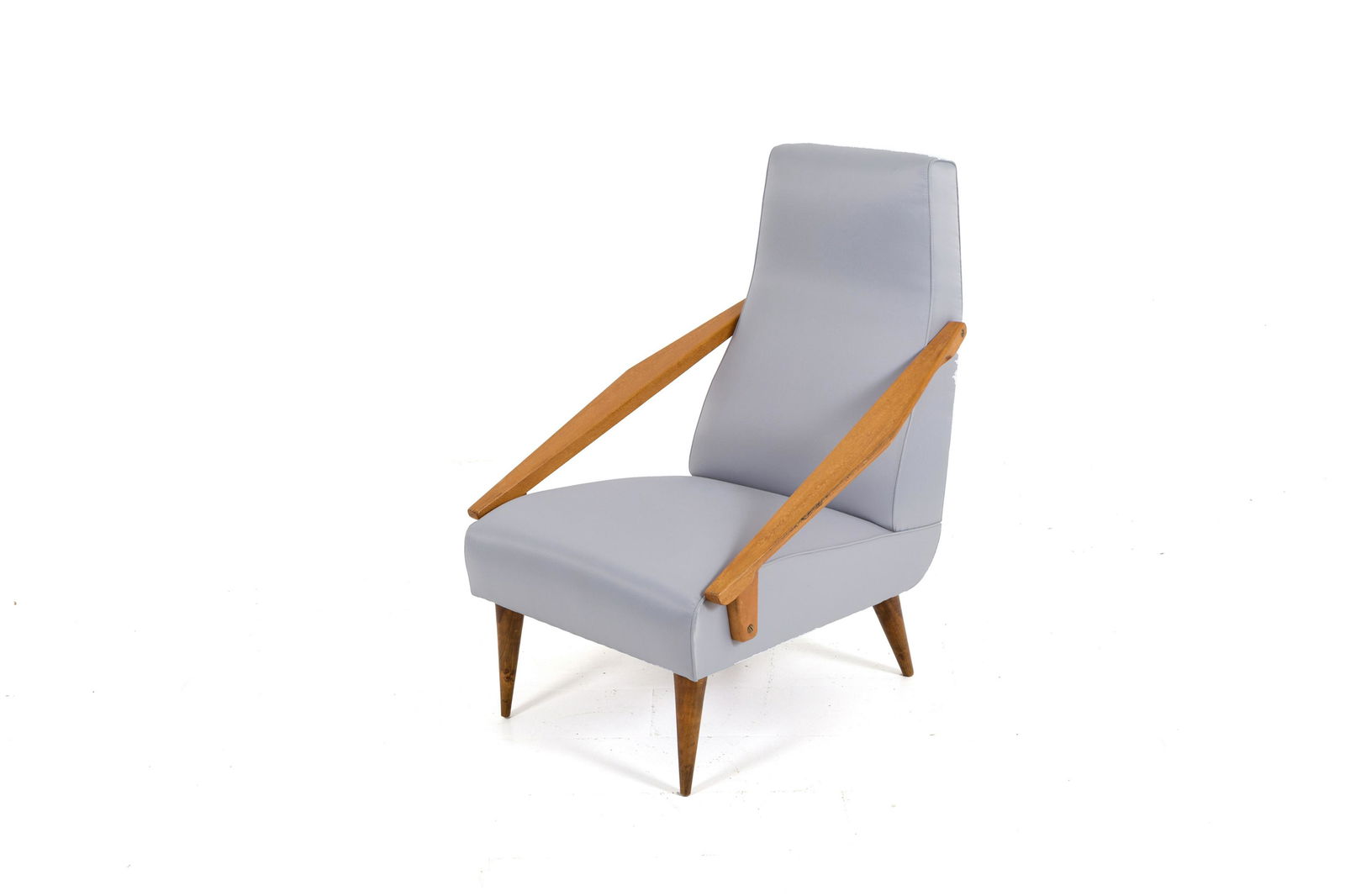 GIO PONTI-BOUCHER & FILS ED. Ash, satin armchair: GIO PONTI (Milano, 1891-1979) per BOUCHER AND FILS EDITION. Poltrona in frassino e raso grigio. 1950 ca. Pubblicata in 'Le journal de l'ameublement': meubles and décors', n. 685, settembre 1955, fig.