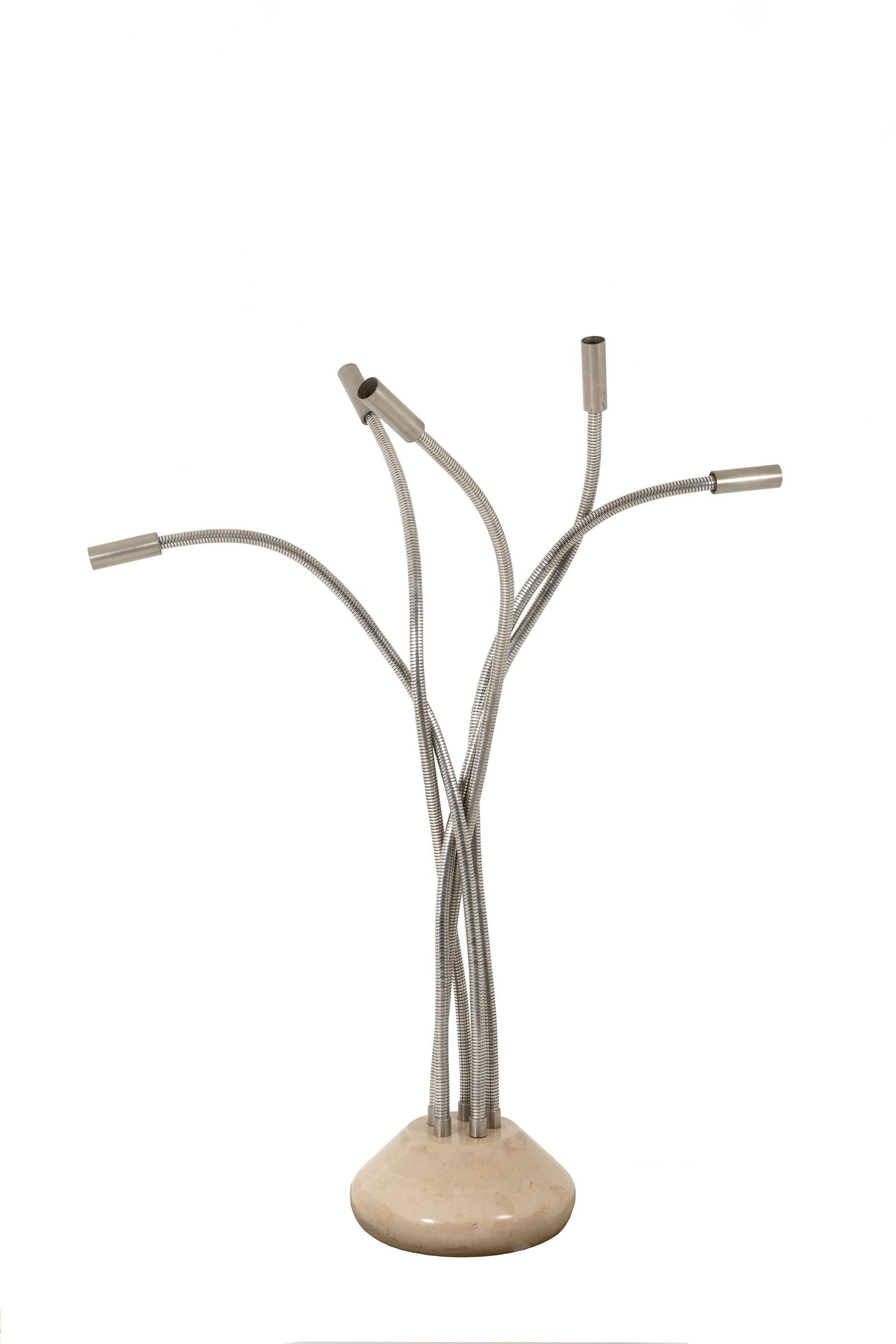 RODOLFO BONETTO. Large table lamp. '70s: RODOLFO BONETTO (Milano, 1929-1991). Grande lampada da terra con tubi flessibili in metallo e base in marmo. Anni '70. Mis. Lung. cm. 100 Alt. cm. 195 Prof. cm. 50 ca.