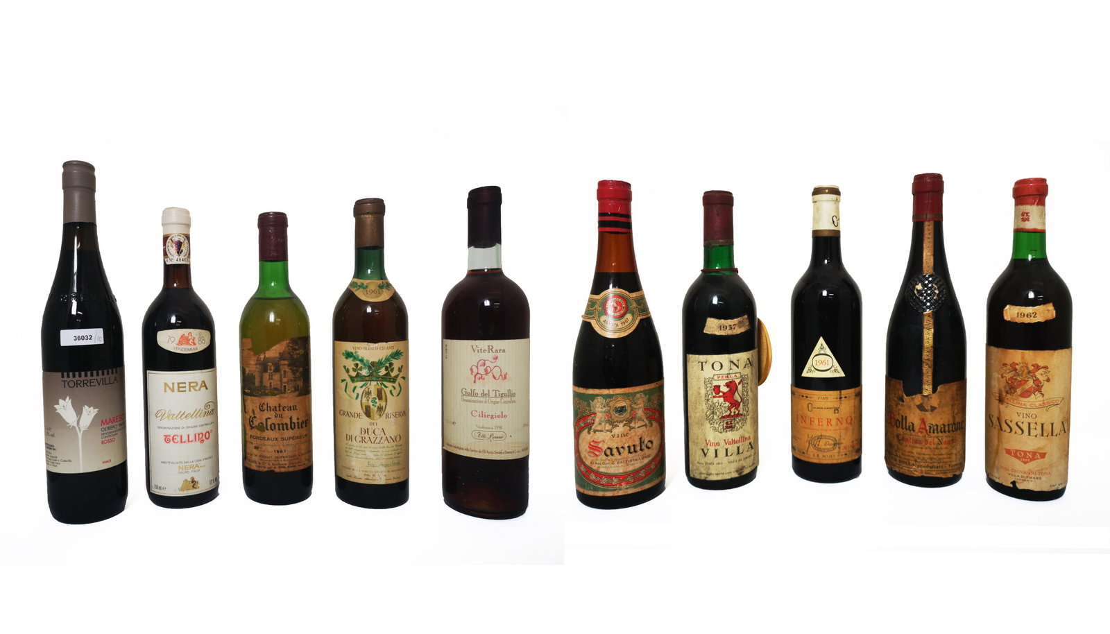 Ten bottles of various type of wine: Dieci bottiglie di vino di cui una di Bolla Amarone Cantina del Nonno, una di Inferno La mia cantina bottiglia numerata (1967), una di Savuto azienda agricola G. Battista Longo (1967), una di Maresco 