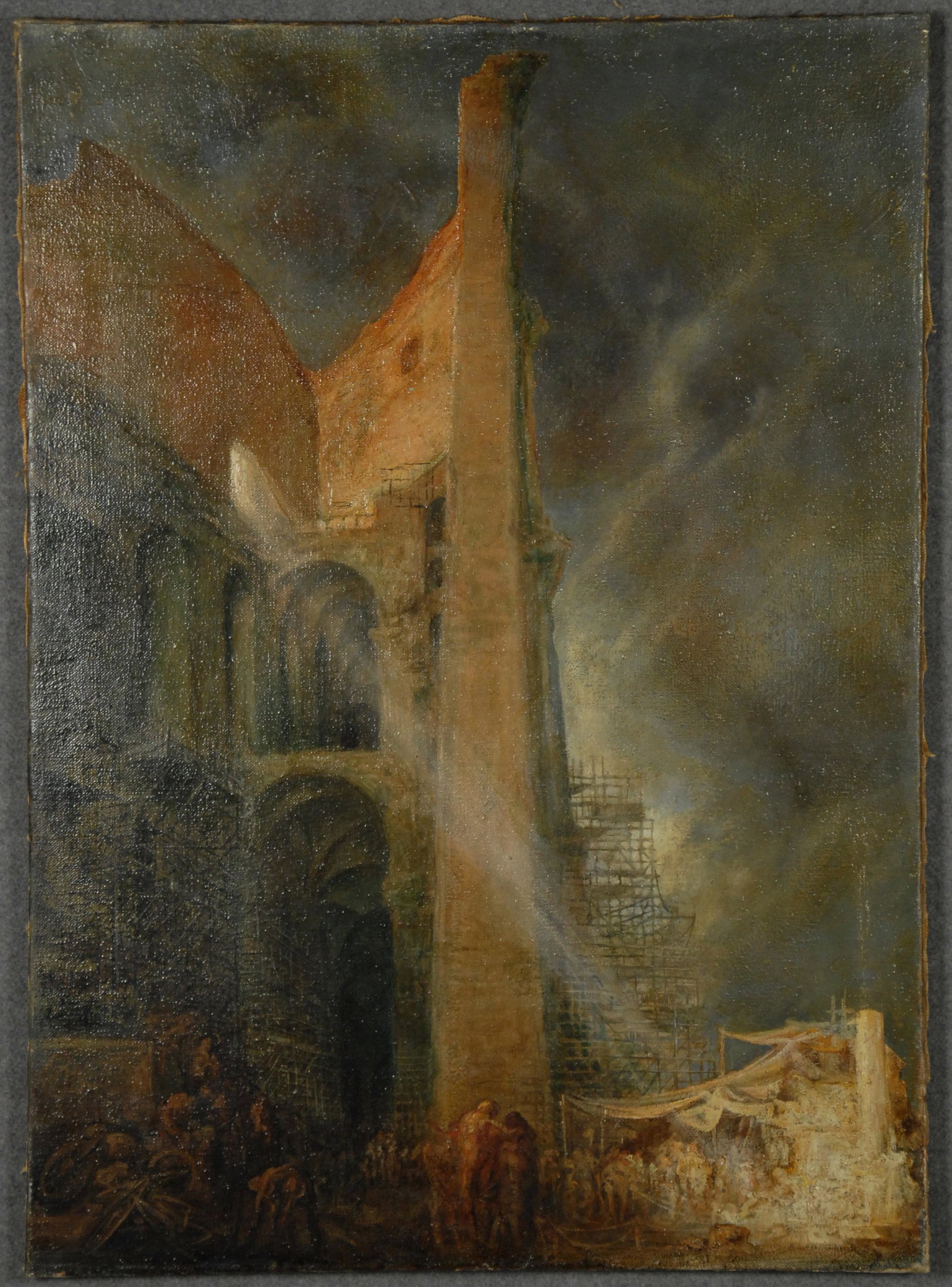 Oil painting on canvas signed RICCARDO M.TOMINATI: Dipinto olio su tela raff. ''ARCHITETTURA IN RISTRUTTURAZIONE CON PONTEGGI E SOTTOSTANTE SCENA DI MERCATO''. Firmato RICCARDO M. TOMINATI in basso a destra. Inizi XX secolo. Mis. Lung. cm. 90 Alt. cm.