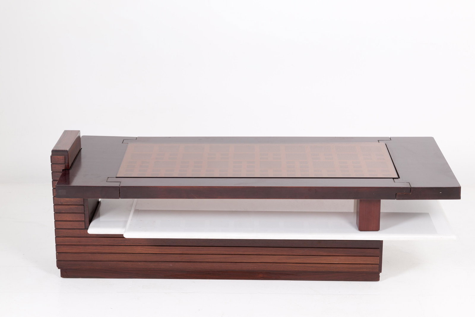Wooden and glass small table. Brazil. 1970s: Tavolino in legno nobile massiccio, marmo e vetro. Manifattura brasiliana. Anni '70. Mis. Lung. cm. 116 Alt. cm. 40 Prof. cm. 51 ca. Val. 150/250