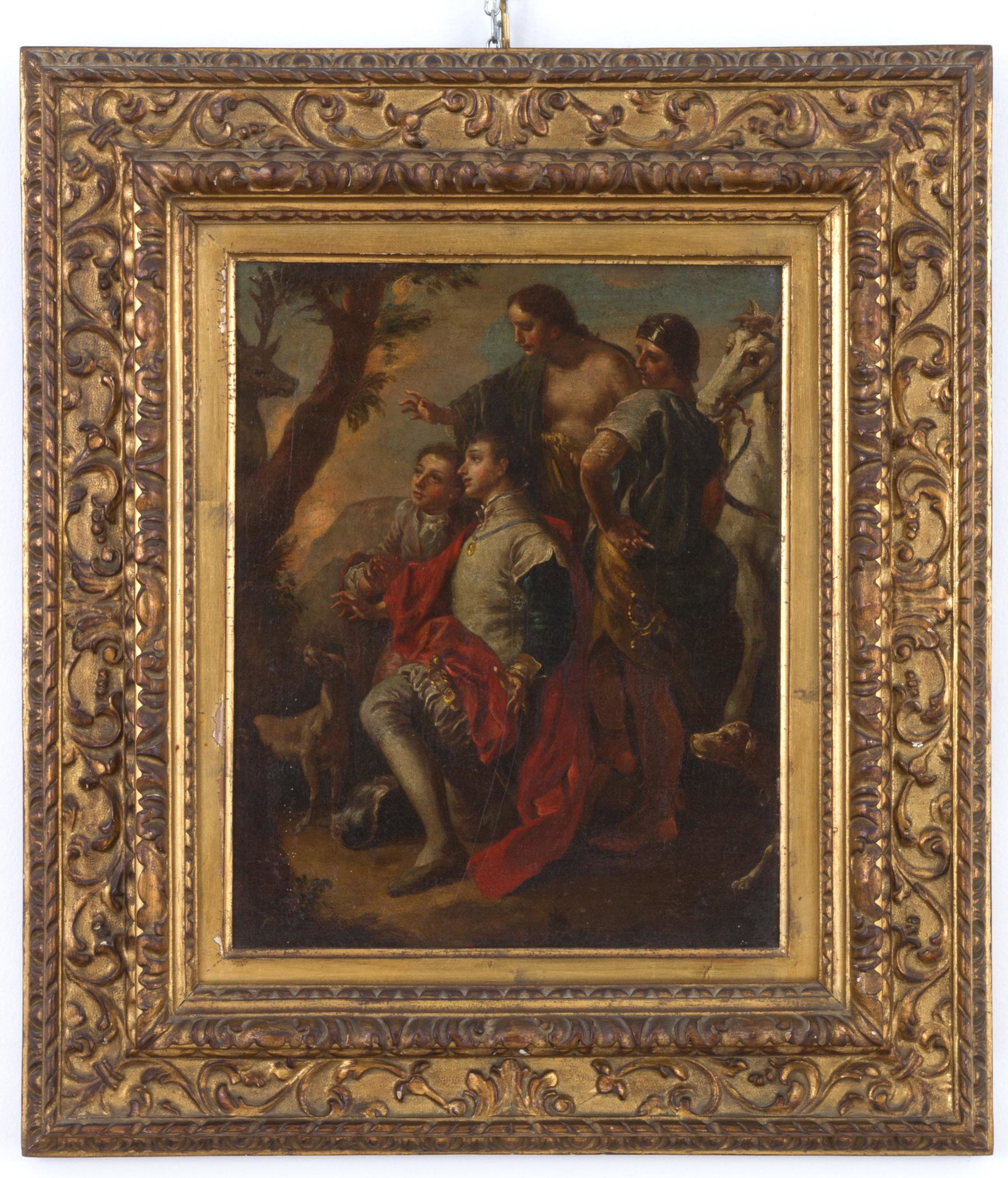 Oil on canvas. ‘VISION OF SANT'UBERTO’. 18th c: Dipinto olio su tela raff. ''VISIONE DI SANT'UBERTO''. XVIII secolo. In bella cornice di epoca posteriore. Già rintelato e rintelaiato. Mis. Lung. cm. 32 Alt. cm. 41 ca. Val. 2000/3000