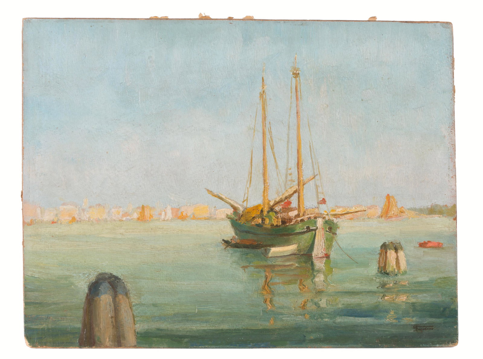 PIETRO FRAGIACOMO. Oil on canvas 'FISHING BOAT': PIETRO FRAGIACOMO (Trieste, 1856 - Venezia, 1922). Dipinto olio su compensato raff. ''PESCHERECCIO ORMEGGIATO''. Firmato in basso a destra. Mis. Lung. cm. 35 Alt. cm. 26.5 ca. Val. 2000/3000