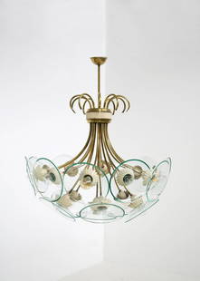 PIETRO CHIESA. Brass chandelier. FONTANA ARTE: PIETRO CHIESA (Sagno, 1876 - Sorengo, 1959) per FONTANA ARTE. Lampadario sedici luci in ottone, alluminio cromato e cristallo. Anni '50. Esempio simile pubblicato in Roberto Aloi, Modern Furniture, qu