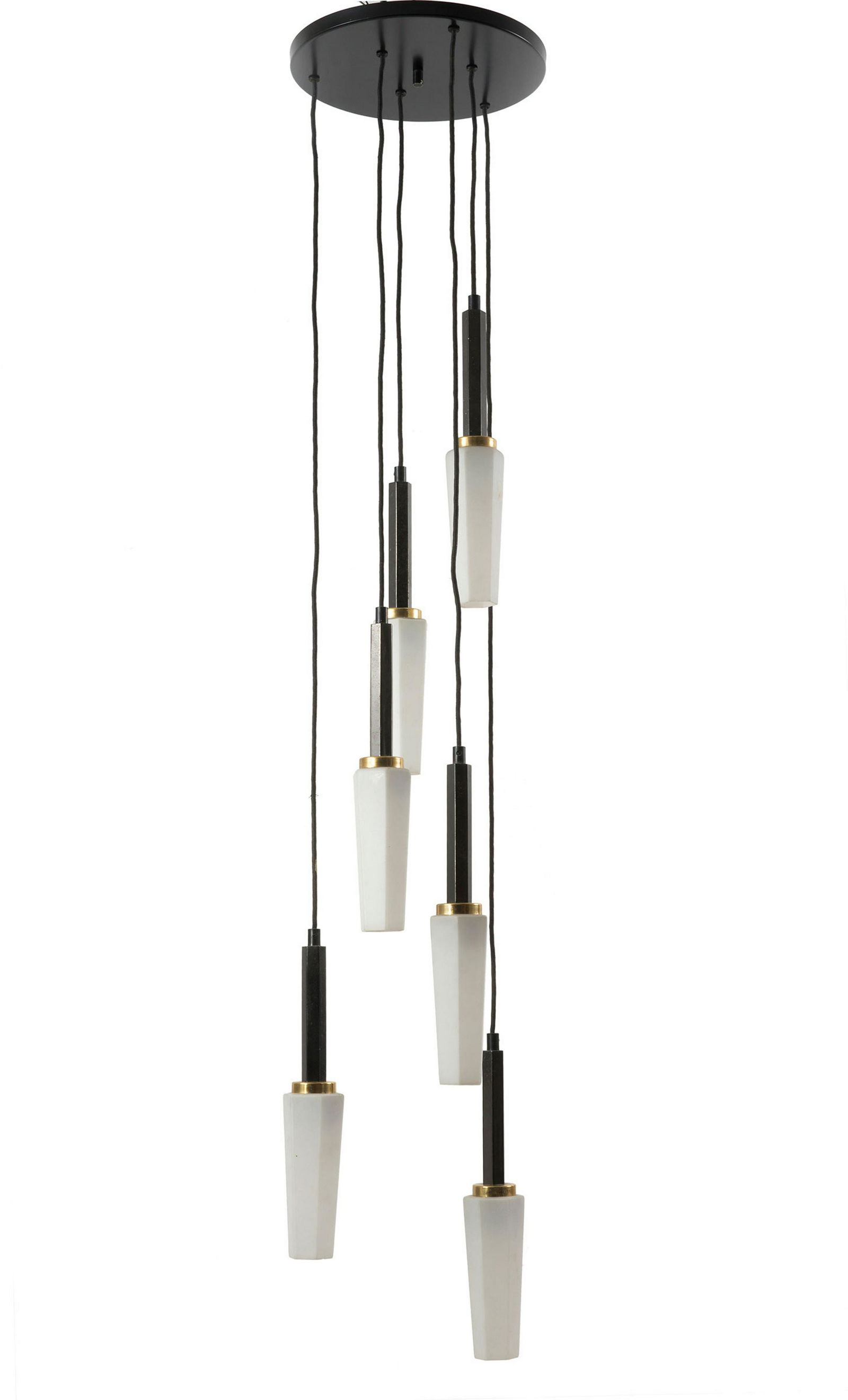 ANGELO BROTTO. Ceiling lamp. ESPERIA. 1950s: ANGELO BROTTO (Venezia, 1914 - Campiglia Marittima, 2002) per ESPERIA. Lampadario sei luci in ferro, vetro e ottone. Anni '50. Mis. Alt. cm. 150 Diam. cm. 30 ca. Val. 600/1000