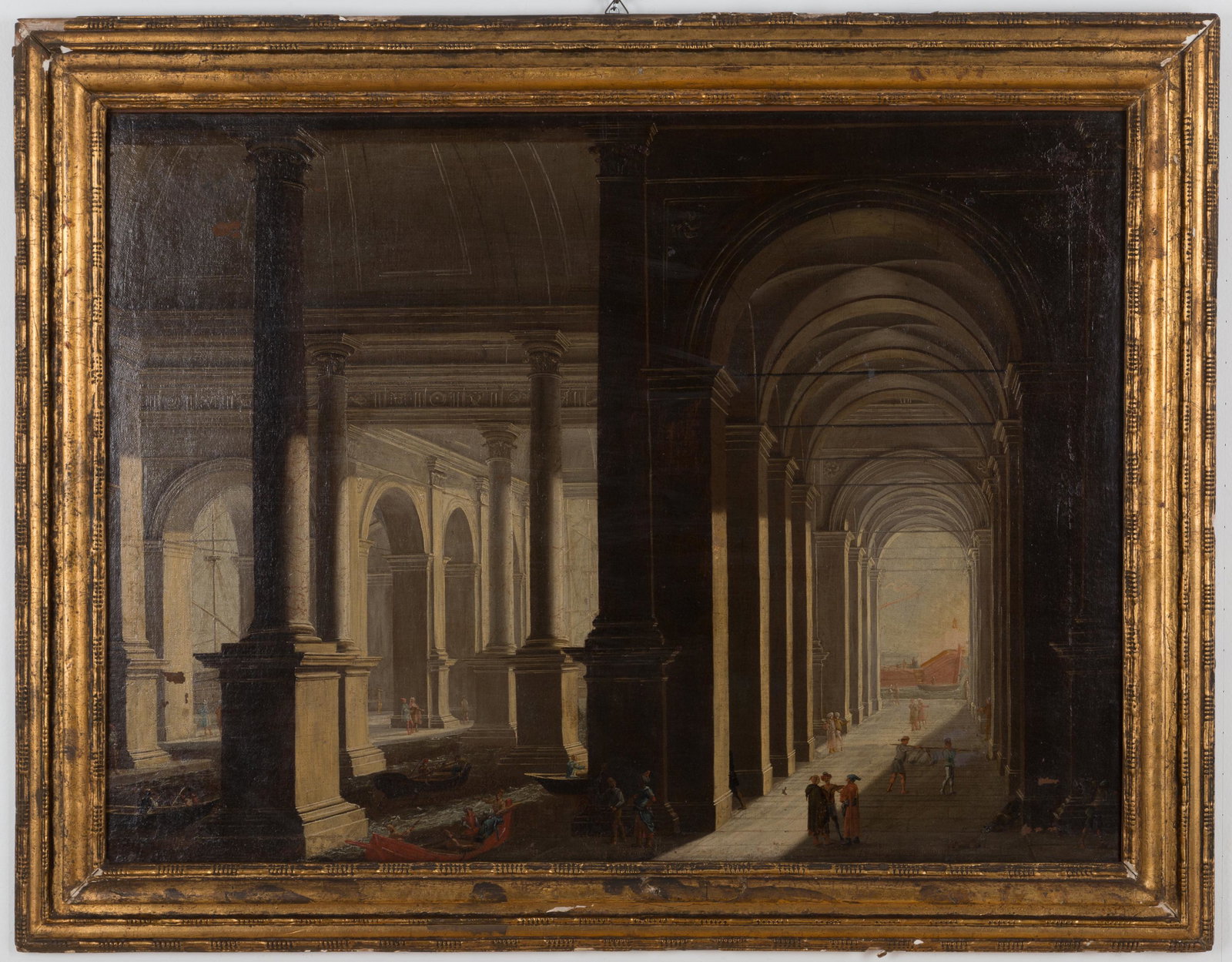 ROMAN SCHOOL of 18th c. Oil painting on canvas.: SCUOLA ROMANA DEL XVIII SECOLO. Dipinto olio su tela raff. ''ARCHITETTURA CON FIGURA''. In cornice. Difetti e restauri. GiÃ rintelato e rintelaiato. Mis. Lung. cm. 98 Alt. cm. 73 ca. Val. 5000/6000