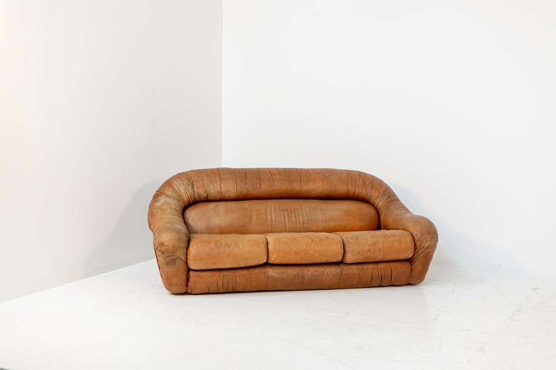 Space Age brown leather three seats sofa. 1970s (1 of 5)