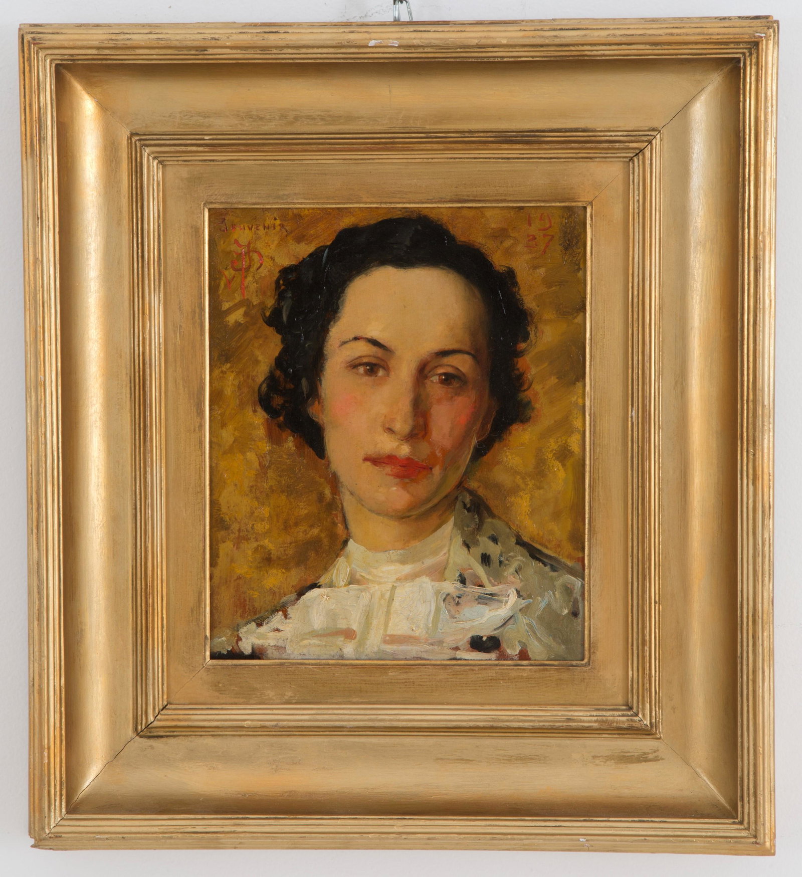 Painting "PORTRAIT OF LADY": Oil painting on plywood depicting "PORTRAIT OF LADY". Signed top left and titled "JOUVENIR". In gilded frame. 30x24.5 cm approx. Dipinto olio su compensato raffigurante "RITRATTO DI GIOVINCELLA". Sigl