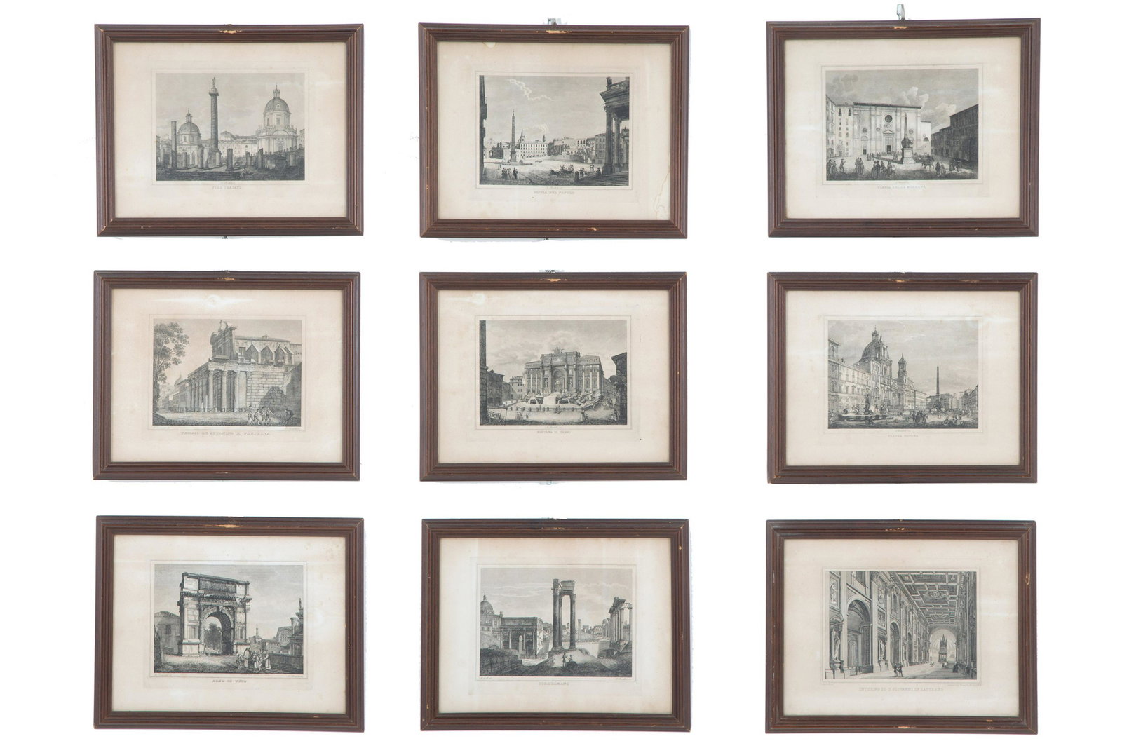 Nine engravings "GLIMPSES OF ROME": Nine engravings depicting "GLIMPSES OF ROME". Early 19th century. In frame. 27x36 cm approx. Nove incisioni raffiguranti "SCORCI DI ROMA". Inizi XIX secolo. In cornice. 27x36 cm ca.