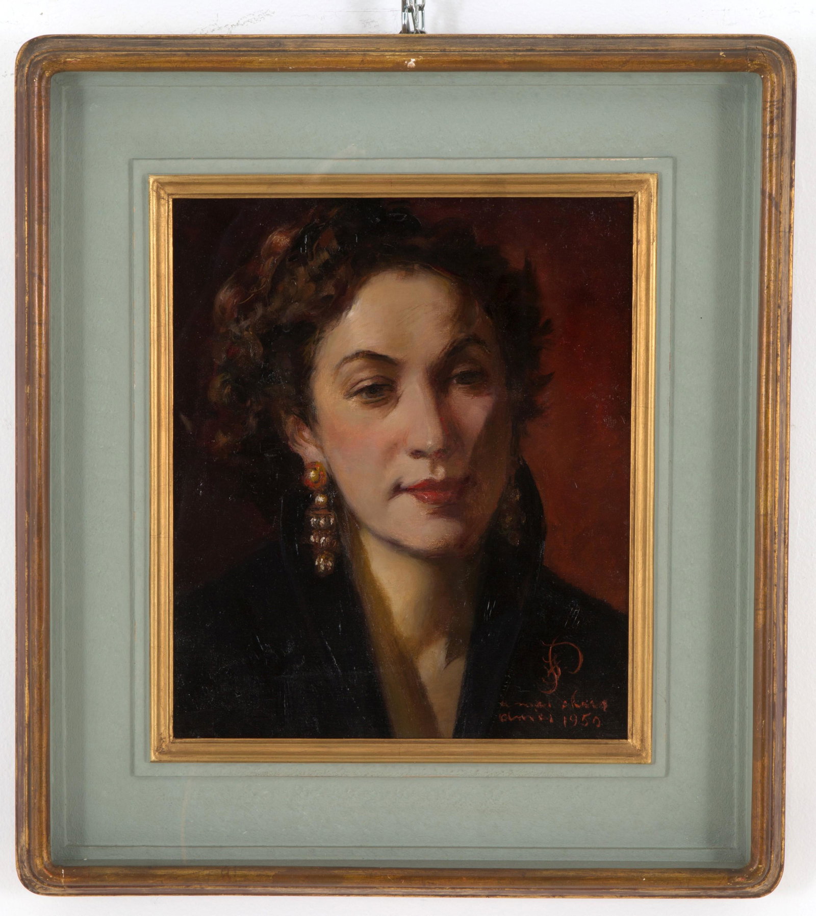 Painting "PORTRAIT OF A WOMAN": Oil painting on canvas depicting "PORTRAIT OF A WOMAN". Signed and dated 1950 in the lower right corner. In frame. 36x30 cm approx. Dipinto olio su tela raffigurante "RITRATTO DI DONNA". Siglato e dat