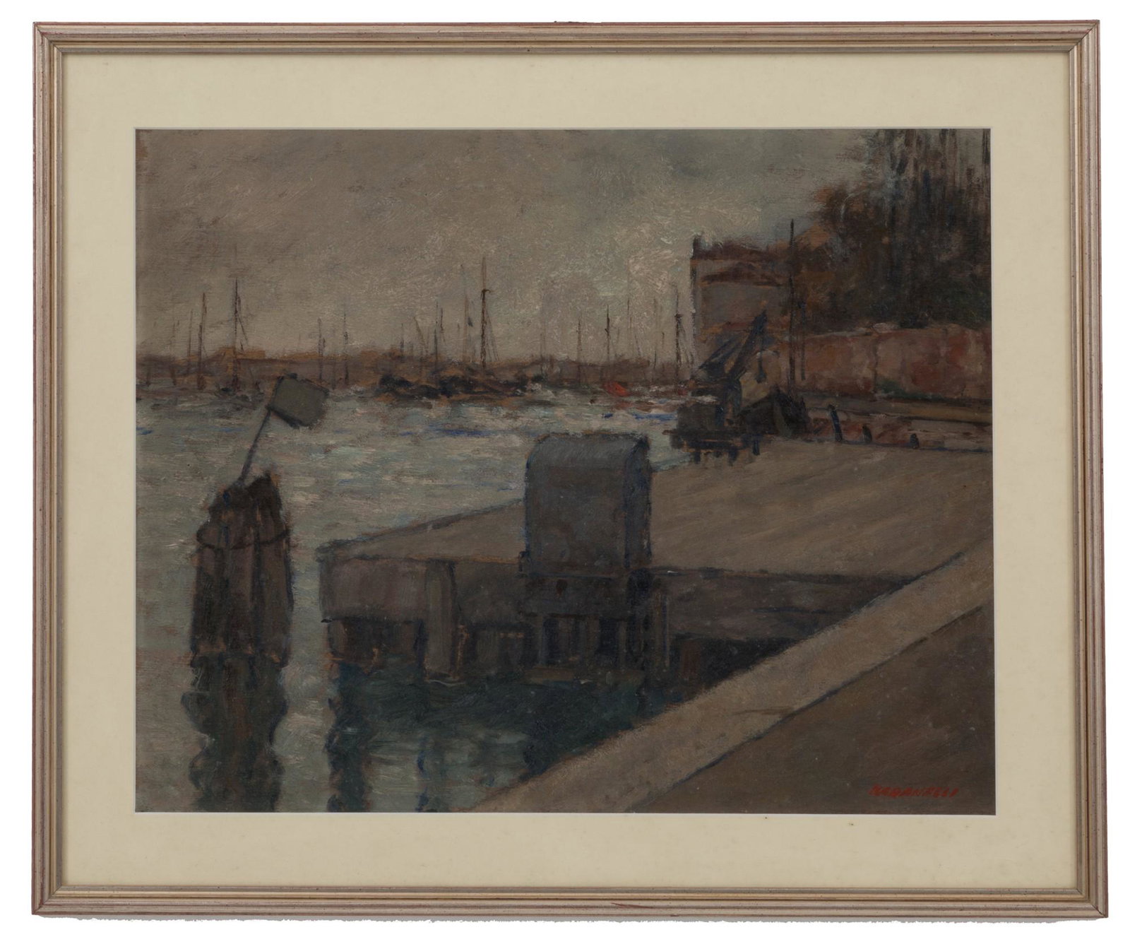 DOMENICO BARANELLI. Painting "VIEW OF PORT": Oil painting on plywood depicting "VIEW OF PORT". Signed lower right. In frame. 38x49 cm approx. Dipinto olio su compensato raffigurante "VEDUTA DI PORTO". Firmato in basso a destra. In cornice. 38x