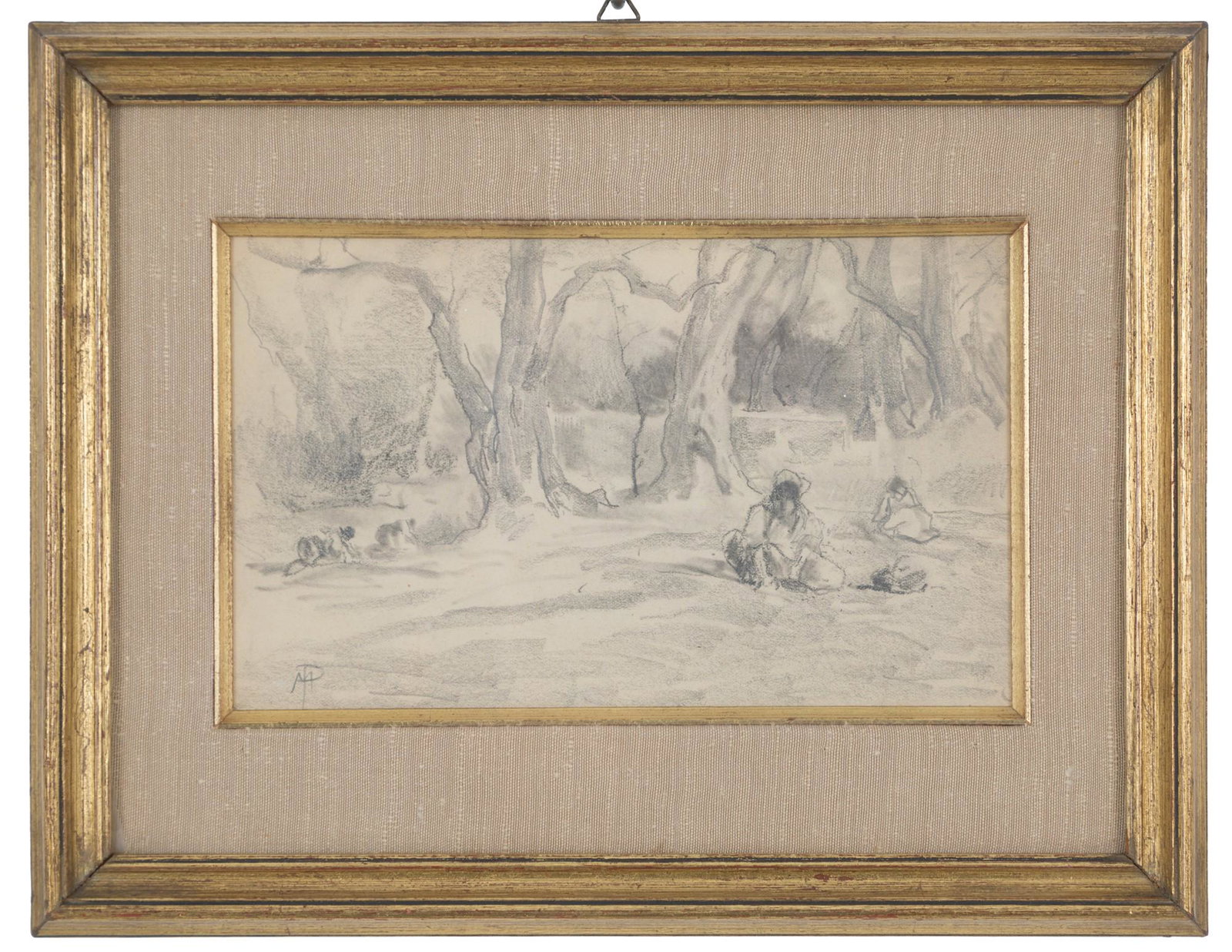 POMPEO MARIANI. Pencil drawing "WOODLAND LANDSCAPE WITH FIGURES'': Pencil drawing on paper depicting '' FOREST LANDSCAPE WITH FIGURES ''. Signed lower left. In frame. 12x19 cm approx. Disegno a matita su carta raffigurante ''PAESAGGIO BOSCHIVO CON FIGURE''. Siglato i