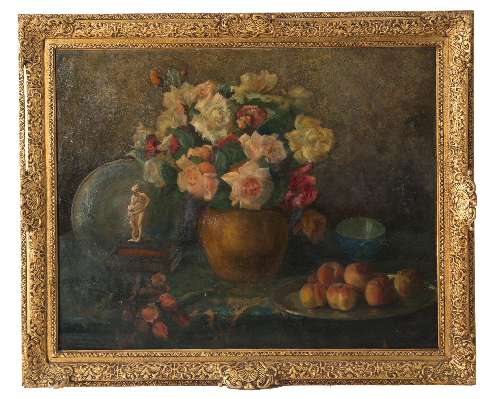 Painting "STILL LIFE'': Oil painting on canvas depicting '' STILL LIFE ''. Unidentified signature lower right. Nineteenth century. In gilded frame. 80x100 cm approx. Dipinto olio su tela raffigurante ''NATURA MORTA''. Firma 
