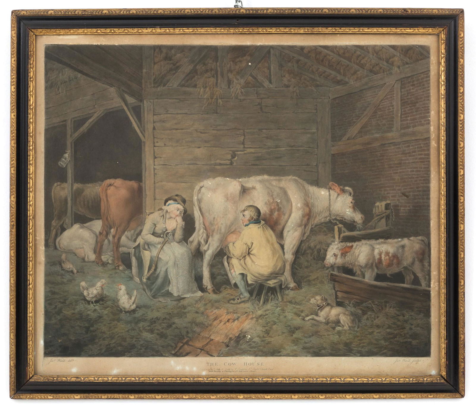 JAMES WARD. Lithograph "SCENE IN A STALL": Lithograph on cardboard depicting "SCENE IN A STALL". Signed lower left. In frame. 63x54 cm approx. Litografia su cartoncino raffigurante "SCENA IN UNA STALLA". Firmato in basso a sinistra. In cornice