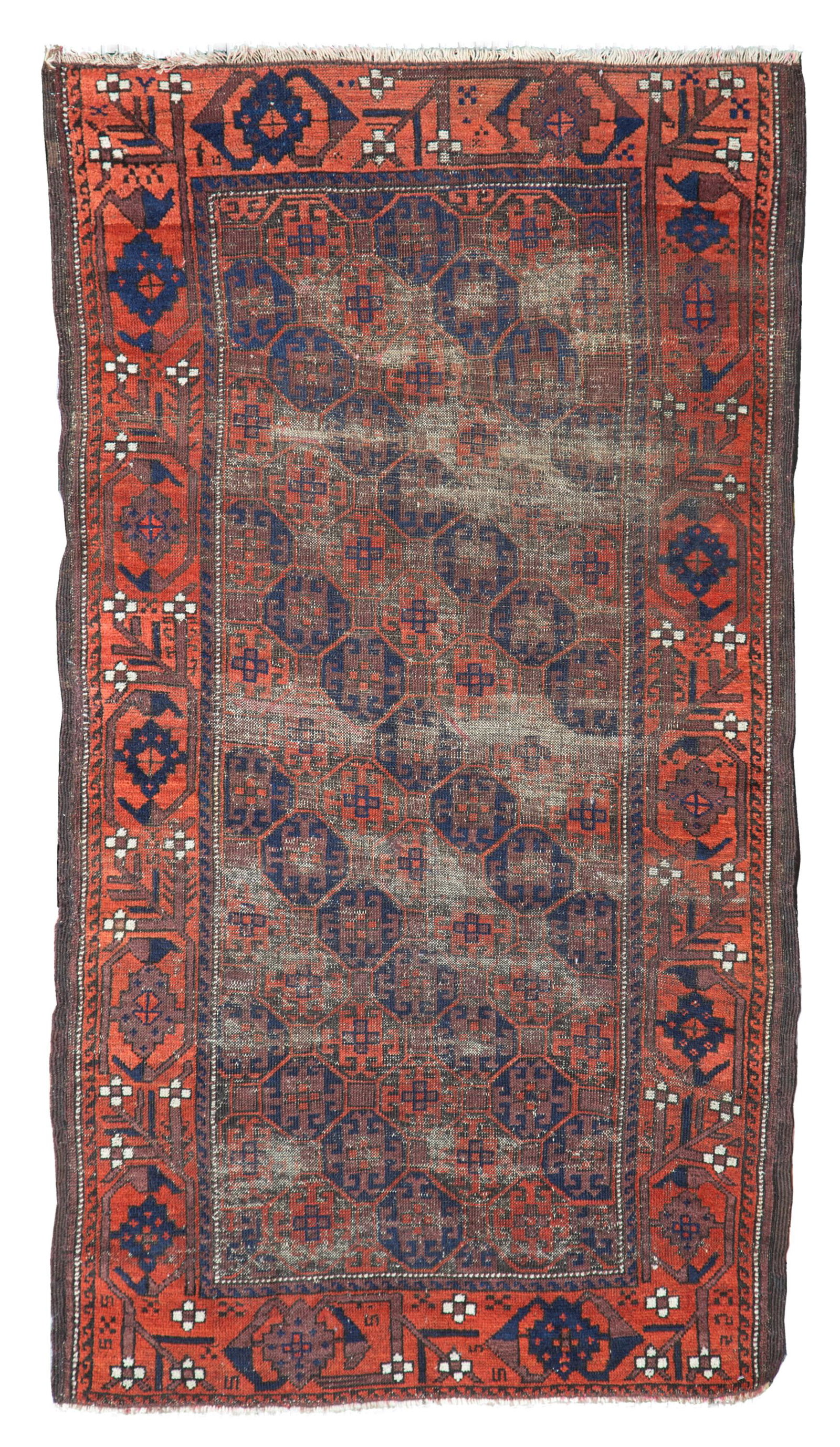 Baluch carpet: Baluch carpet. Persia. Mid 19th century. Areas consumed in the field. 168x92 cm approx. Tappeto Baluch. Persia. Meta' XIX secolo. Aree consumate sul campo. 168x92 cm ca.