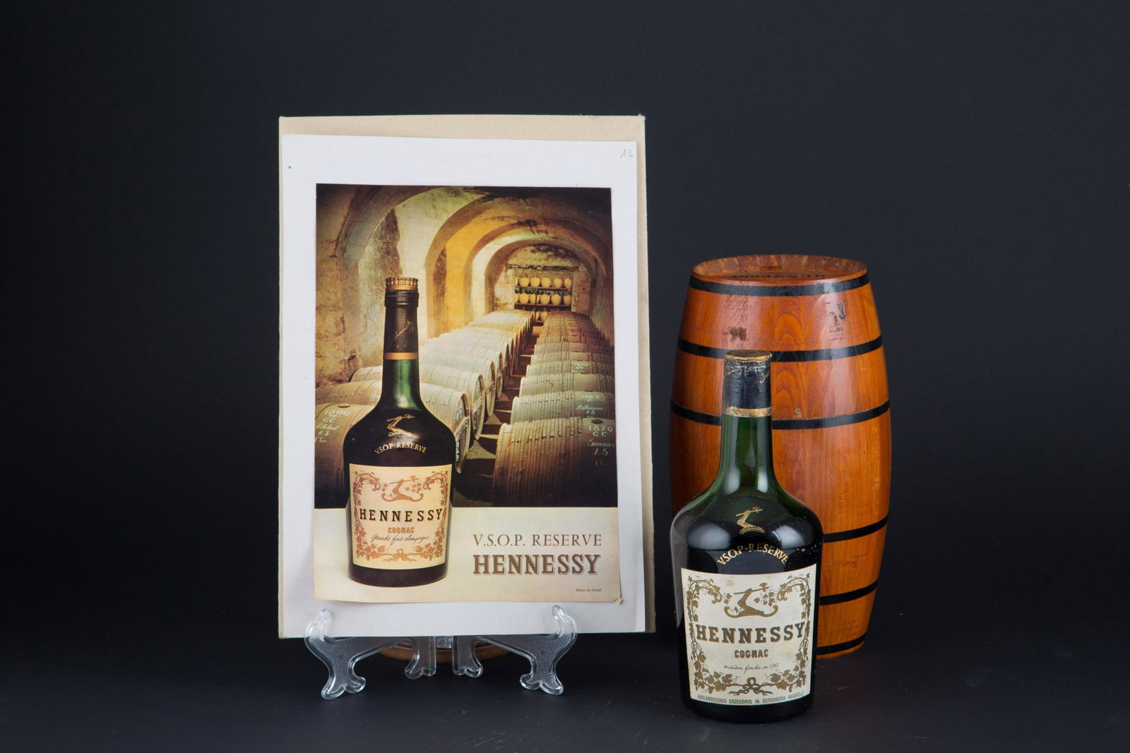 Pair of HENNESSY Cognacs: Pair of Cognacs HENNESSY V.S.O.P. Reserve Fine Champagne. Full level, bottled in Austria. Packaging in wooden barrels for aging with house brands stamped on the bases. With original carton. 1960s.Barr