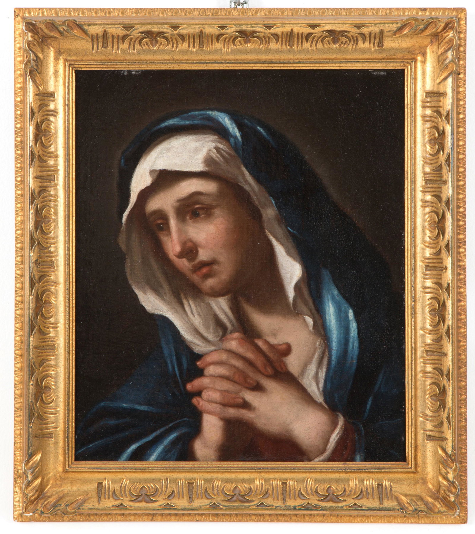CESARE GENNARI (Attr.) Painting "PRAYING MADONNA": CESARE GENNARI (Attr.) (Cento 1637-Bologna 1688). Oil painting on canvas depicting "PRAYING MADONNA". In a non-coeval gilded frame. 45.5x39cm approx. CESARE GENNARI (Attr.) (Cento 1637-Bologna 1688).