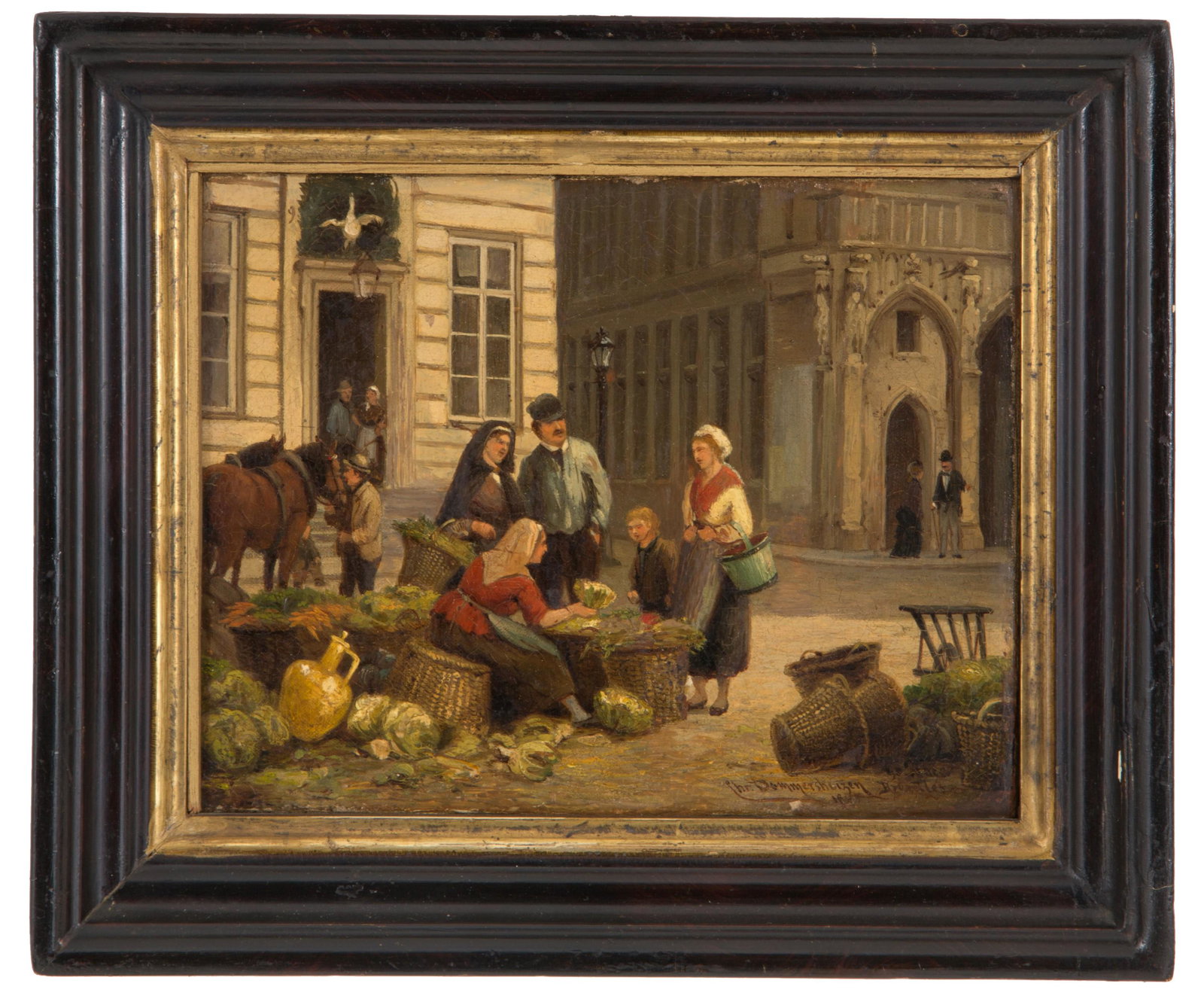 CORNELIS CHRISTIAAN DOMMERSEN. Painting "MARKET SCENE": CORNELIS CHRISTIAAN DOMMERSEN (Utrecht 1842-Den Haag 1928). Oil painting on canvas depicting "MARKET SCENE". Signed and dated CHR. DOMMERSHUIZEN 1875 lower right. In a coeval frame. 15.5x22cm appr