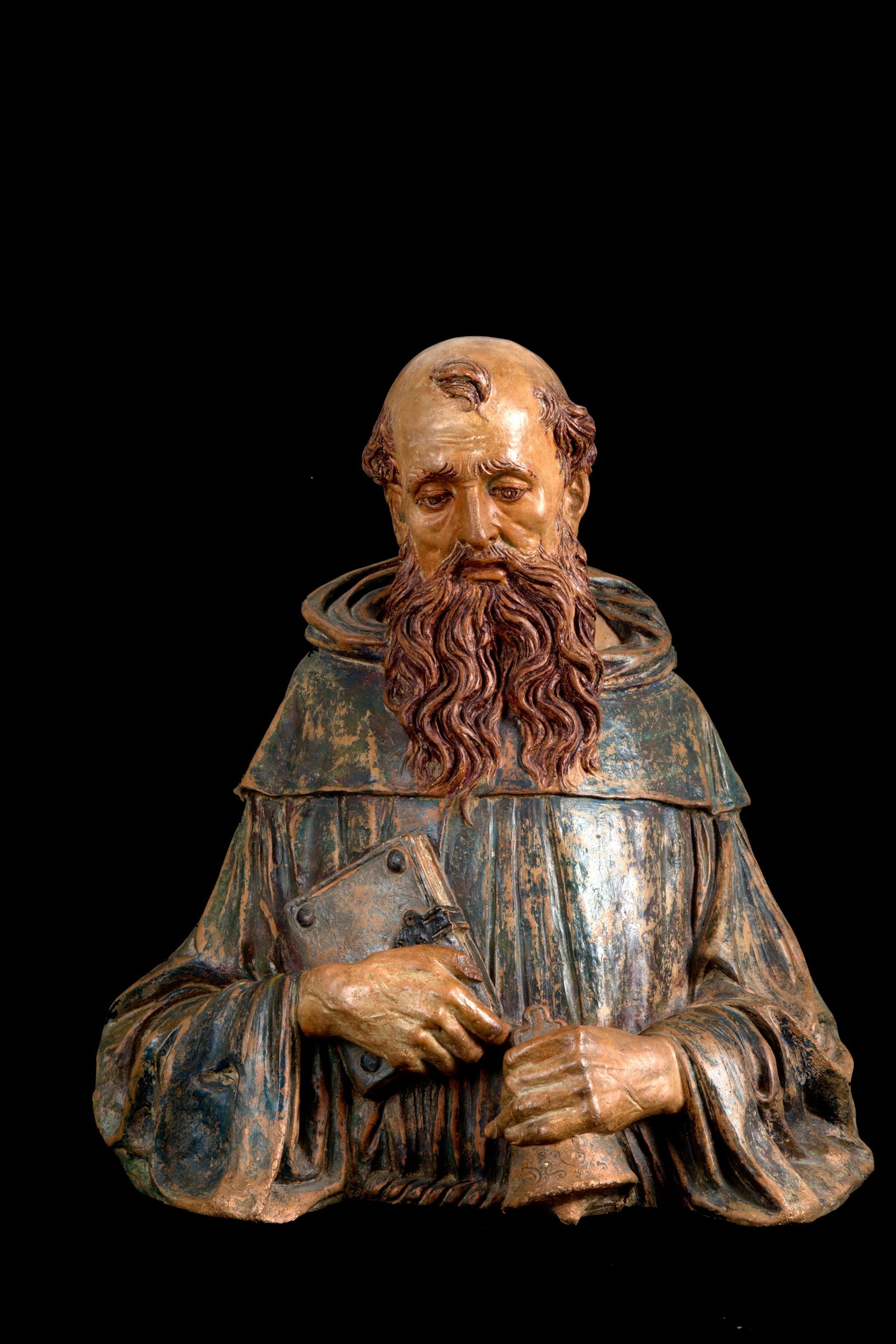 FRANCESCO DI GIORGIO MARTINI (circle of). Terracotta bust "FRIAR": FRANCESCO DI GIORGIO MARTINI (cerchia di) (Siena 1439-1501). Polychrome terracotta sculpture depicting “BUST OF FRIAR”. 47x45x30 cm approx. FRANCESCO DI GIORGIO MARTINI (cerchia di) (Siena 1439-15