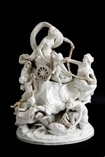 Porcelain group "CHAIR OF APHRODITE". CAPODIMONTE: White porcelain group depicting "APHRODITE'S CHARIOT". Marked CAPODIMONTE on the bottom. Late 18th century. Defects and restorations. 48x38x30 cm approx. Gruppo in porcellana bianca raffigurante "CARR