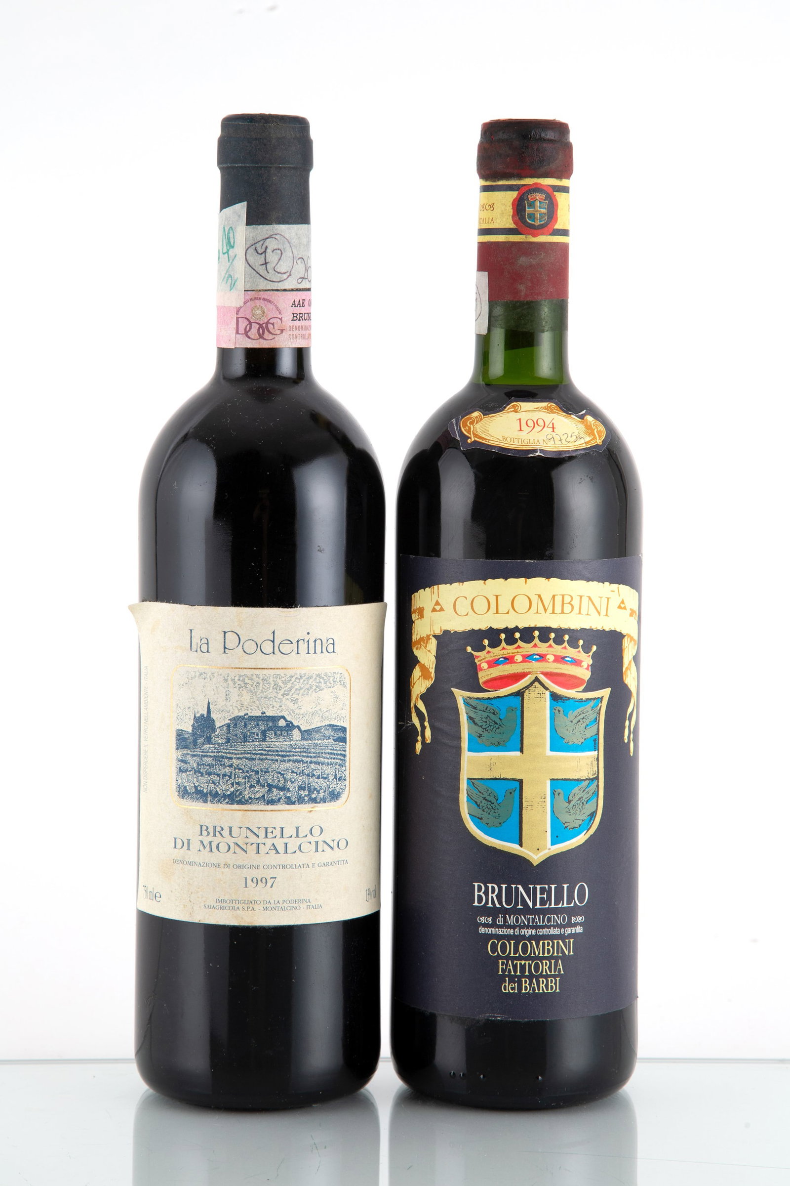 Brunello di Montalcino (2 bt): Two bottles of Brunello di Montalcino, including a Colombini Fattoria dei Barbi 1994 and a La Poderina 1997. Due bottiglie di Brunello di Montalcino, di cui una Colombini Fattoria dei Barbi 1994 e una