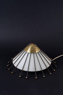ANGELO LELII. Milk glass table lamp for ARREDOLUCE: ANGELO LELII (Ancona 1915-1987). Table lamp in milk glass, brass and black painted metal. ARREDOLUCE production. 1950s. Defects and signs of wear over time. 26x12cm approx. ANGELO LELII (Ancona 1915-1