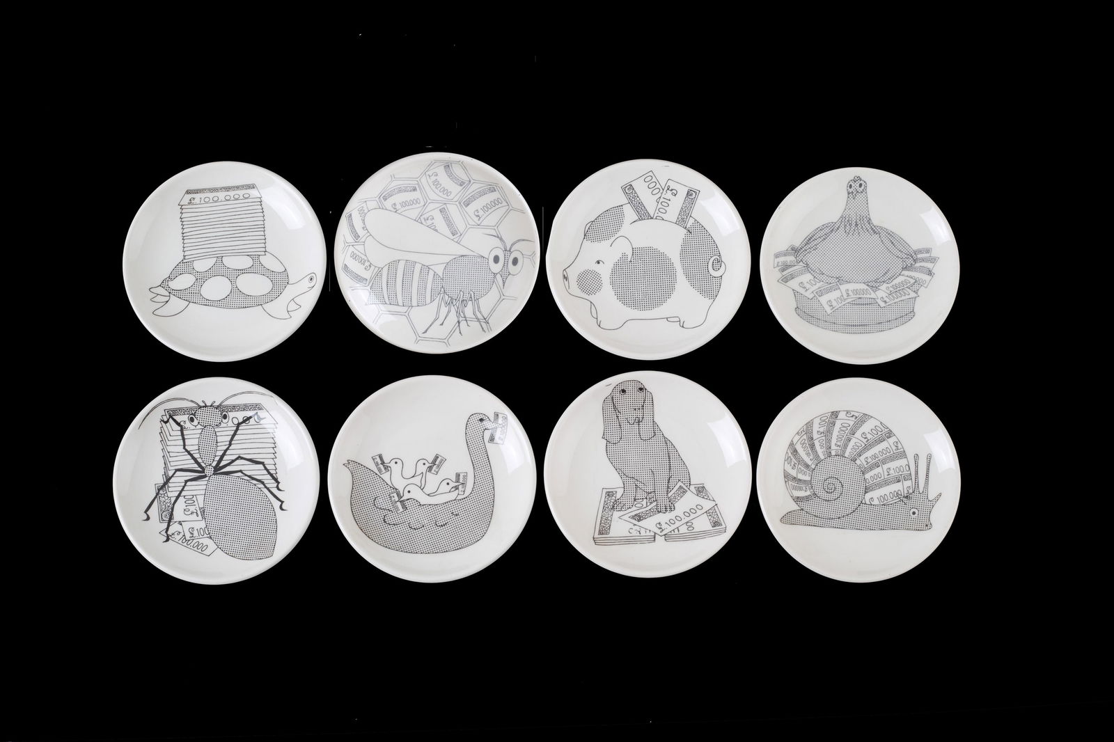 PIERO FORNASETTI. Eight saucers. FORNASETTI: PIERO FORNASETTI (Milano 1913-1988). Eight porcelain saucers from the Animal Money series. FORNASETTI production. Marked on the bottom. Diameter 10cm approx. PIERO FORNASETTI (Milano 1913-1988). Otto