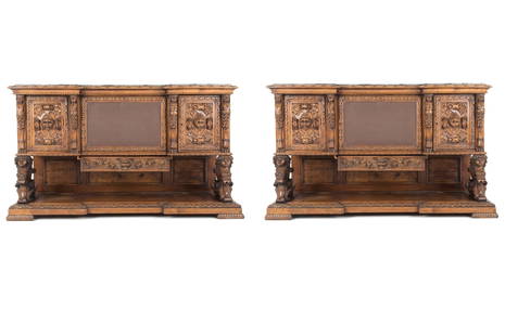 Pair of sideboards: Pair of finely carved wooden sideboards with masks and fantastic figures, with three doors and a drawer on the band and green marble top. 19th century. Defects and small shortcomings. 101x175x62.5