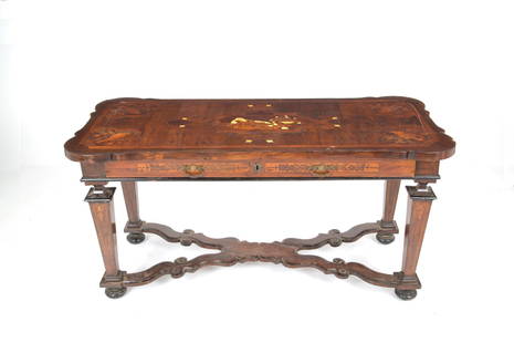 Writing table: Writing table in walnut and briar inlaid in various woods with turned legs joined by crosses and a drawer on the band. 18th century. Defects and shortcomings. 83x168x80 cm approx. Tavolo scrittoio in