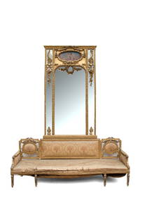 Sofa with mirror. SOLEI HEBERT & C., NAPOLI: Sofa with mirror in finely carved and gilded wood with padded back and seat covered in silk. Production SOLEI HEBERT & C., NAPLES. With manufacturer's lable. Late 19th century. Defects and