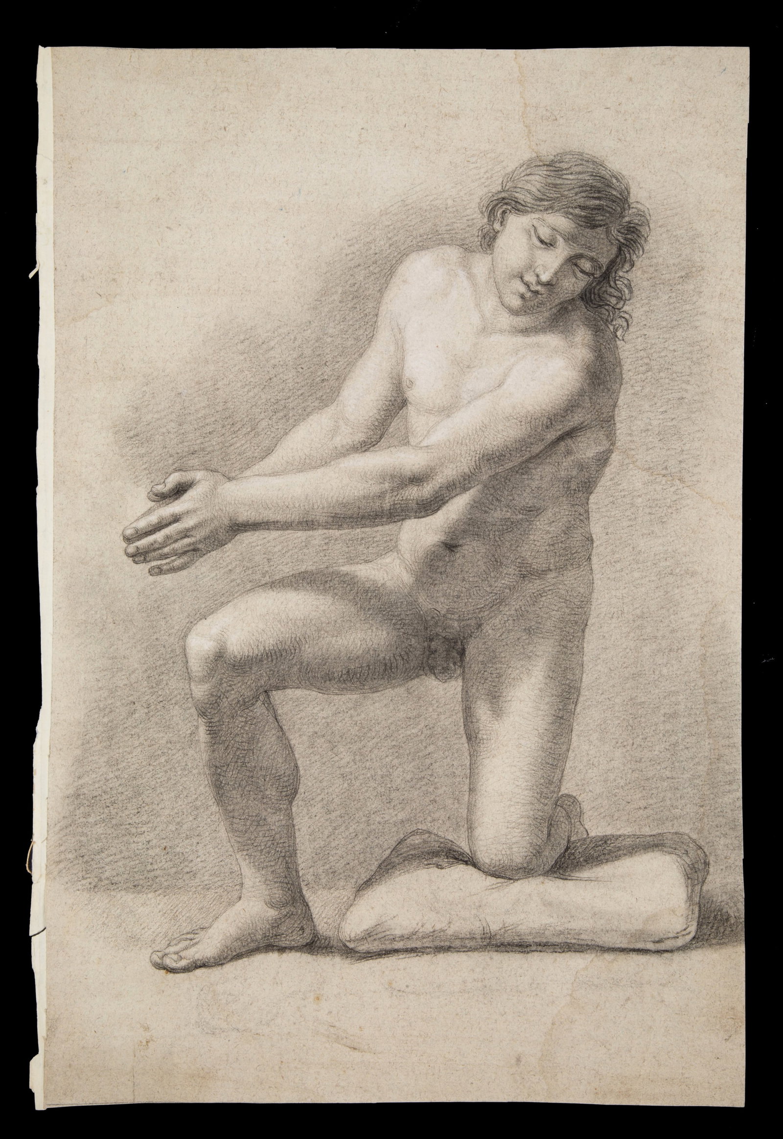 GIACOMO TRECOURT. Drawing "MALE NUDE IN PRAYER": GIACOMO TRECOURT (Bergamo 1812-Pavia 1882). Drawing on paper depicting "MALE NUDE PRAYING". 47x30cm approx. GIACOMO TRECOURT (Bergamo 1812-Pavia 1882). Disegno su carta raffigurante "NUDO MASCHILE IN 
