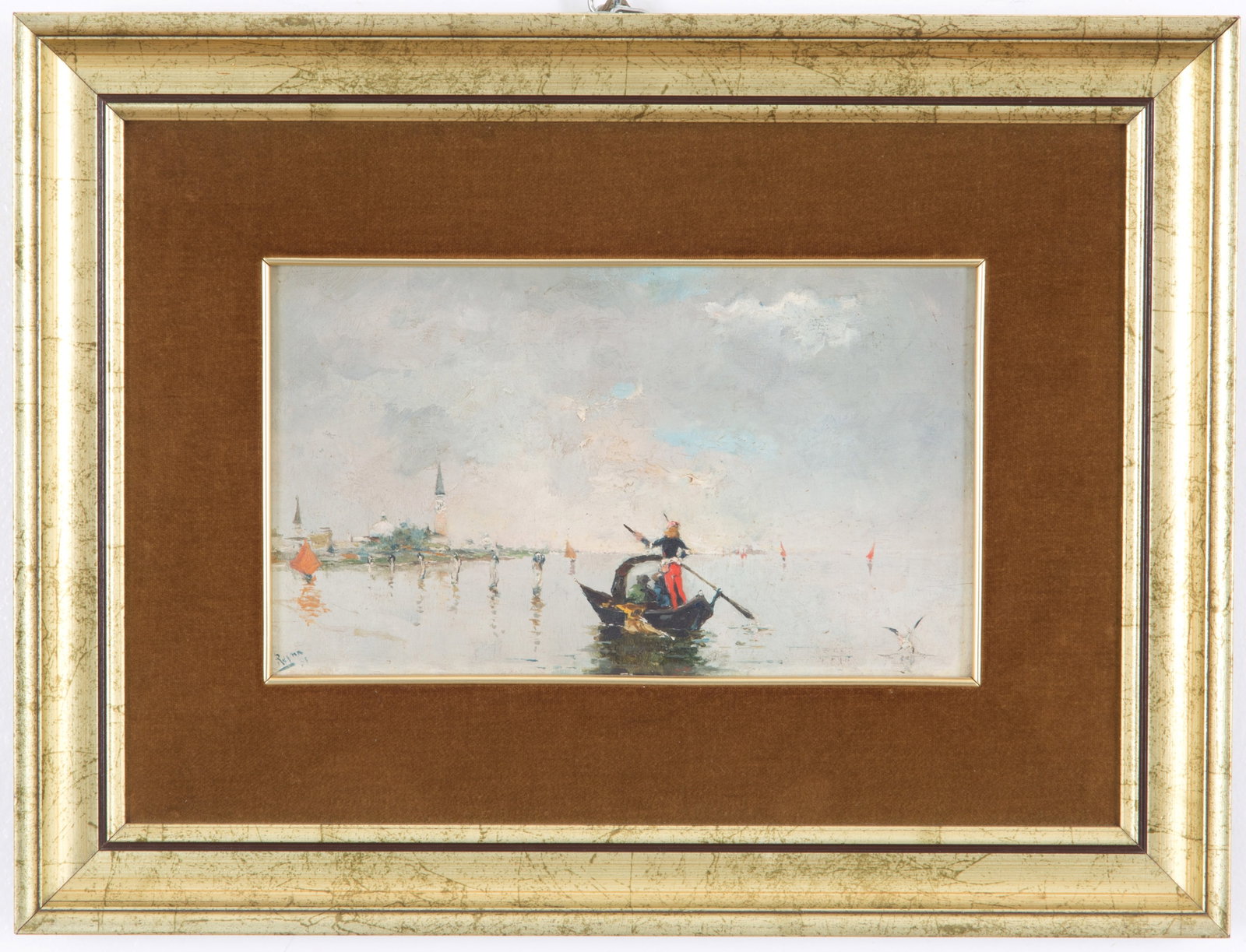 Painting "GONDOLA WITH FIGURES IN THE LAGOON": Oil painting on panel depicting "GONDOLA WITH FIGURES IN THE LAGOON". Signed REYNA and dated '61 lower left. In frame. 16.5x27.5 cm approx. Dipinto olio su tavoletta raffigurante "GONDOLA CON FIGURE I
