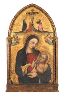 GIOVANNI DEL BIONDO. Painting "MADONNA DEL LATTE AND CRUCIFIXION": GIOVANNI DEL BIONDO (Firenze documented from 1356-1398). Tempera painting on gold-ground panel depicting "MADONNA DEL LATTE AND CRUCIFIXION". Second half of the 14th century. Restoration. Attributed t