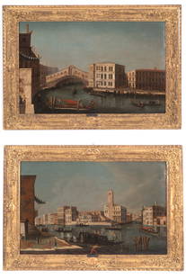 FRANCESCO TIRONI. Pair of paintings "VIEWS OF VENICE": FRANCESCO TIRONI (Venezia 1745-1797). Pair of oil paintings on canvas depicting "VIEWS OF VENICE". In gilded frames. Already relined and re-stretched. 59x91.5 cm approx. FRANCESCO TIRONI (Venezia 1745