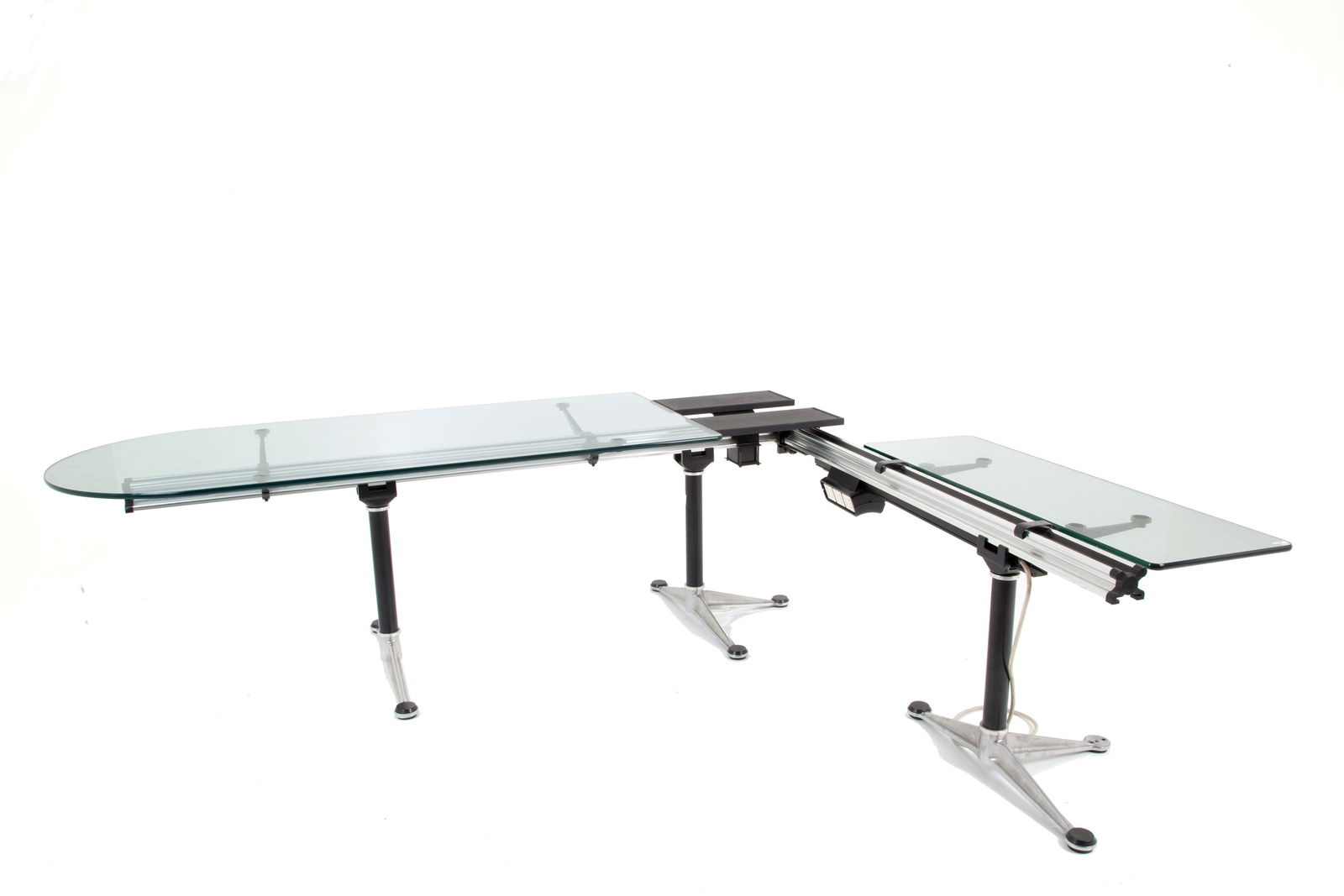 BRUCE BURDICK (attr.). Desk for HERMAN MILLER (Attr.): BRUCE BURDICK (attr.)(Las Vegas 1933-2021). Desk in lacquered metal, aluminum, MDF and resin with two glass tops and under-counter electrical outlets. Manufactured by HERMAN MILLER (Attr.). 1980s. Sig