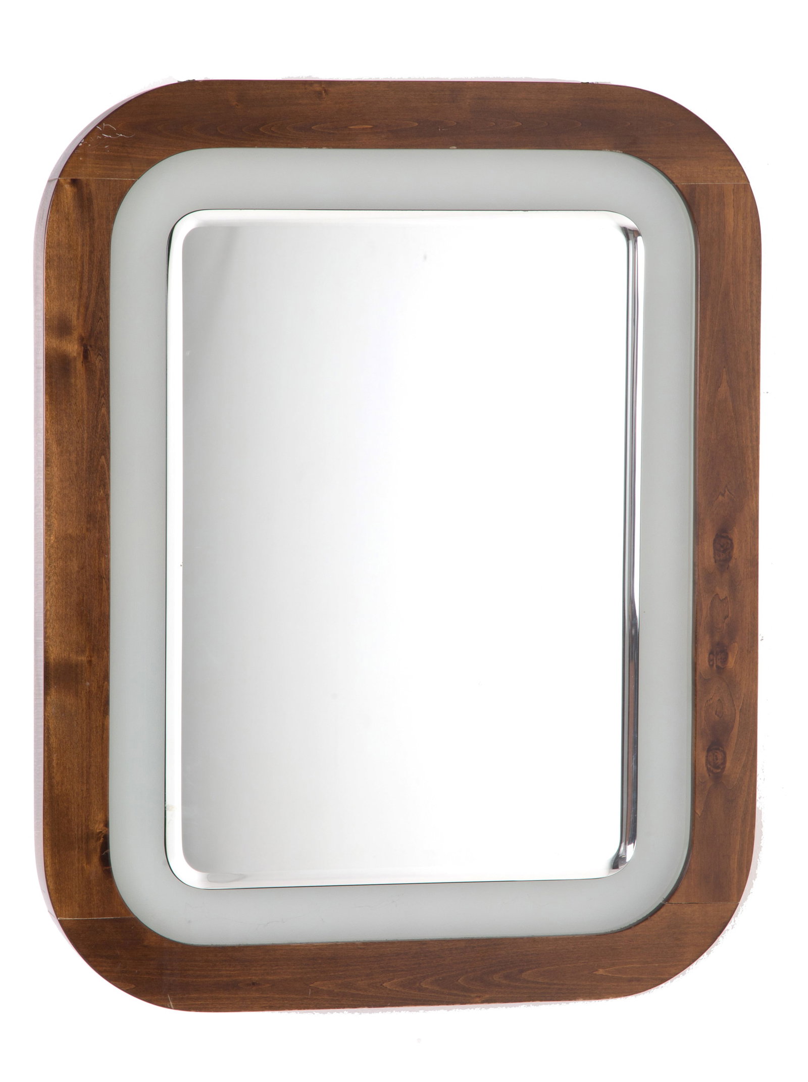 Mirror: Mirror in wood and backlit milk glass. 1970s. Defects. 90x72x6 cm approx. Specchiera in legno e vetro lattimo retroilluminato. Anni '70. Difetti. 90x72x6 cm ca.