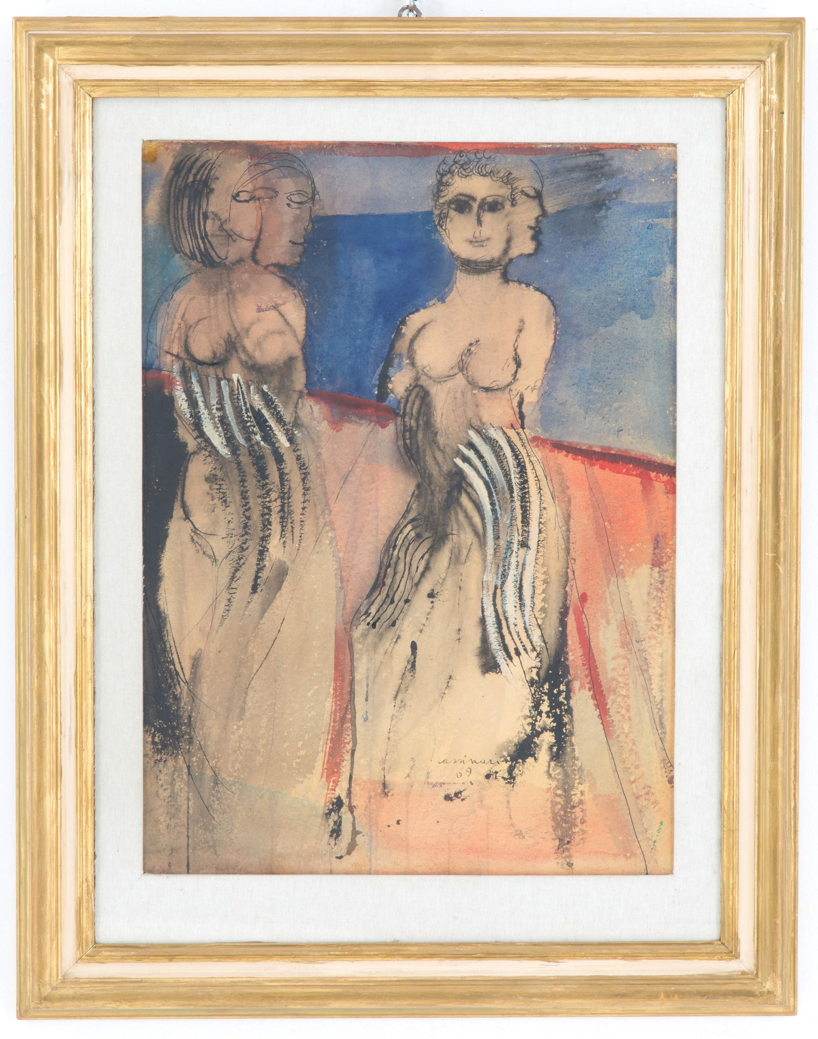 BRUNO CASSINARI. Mixed media "FEMALE FIGURES": BRUNO CASSINARI (Piacenza 1912 - Milano 1992). Mixed media on canvas depicting "FEMALE FIGURES". Signed and dated '69 lower center. With stamp of Galleria Pace, Turin on the back. Framed. 70x50 cm app
