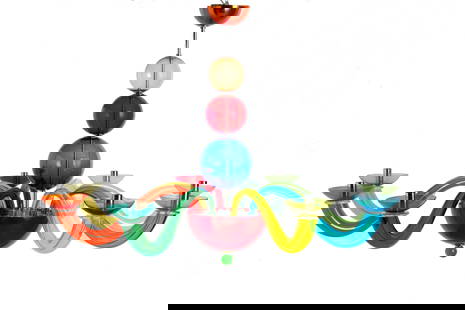 SIMONE CENEDESE. Murano Glass Chandelier: SIMONE CENEDESE (Murano 1973). Eight-light chandelier in polychrome Murano glass. Signed on the lower cup. 90x126 cm approx. SIMONE CENEDESE (Murano 1973). Lampadario otto luci in vetro di Murano poli