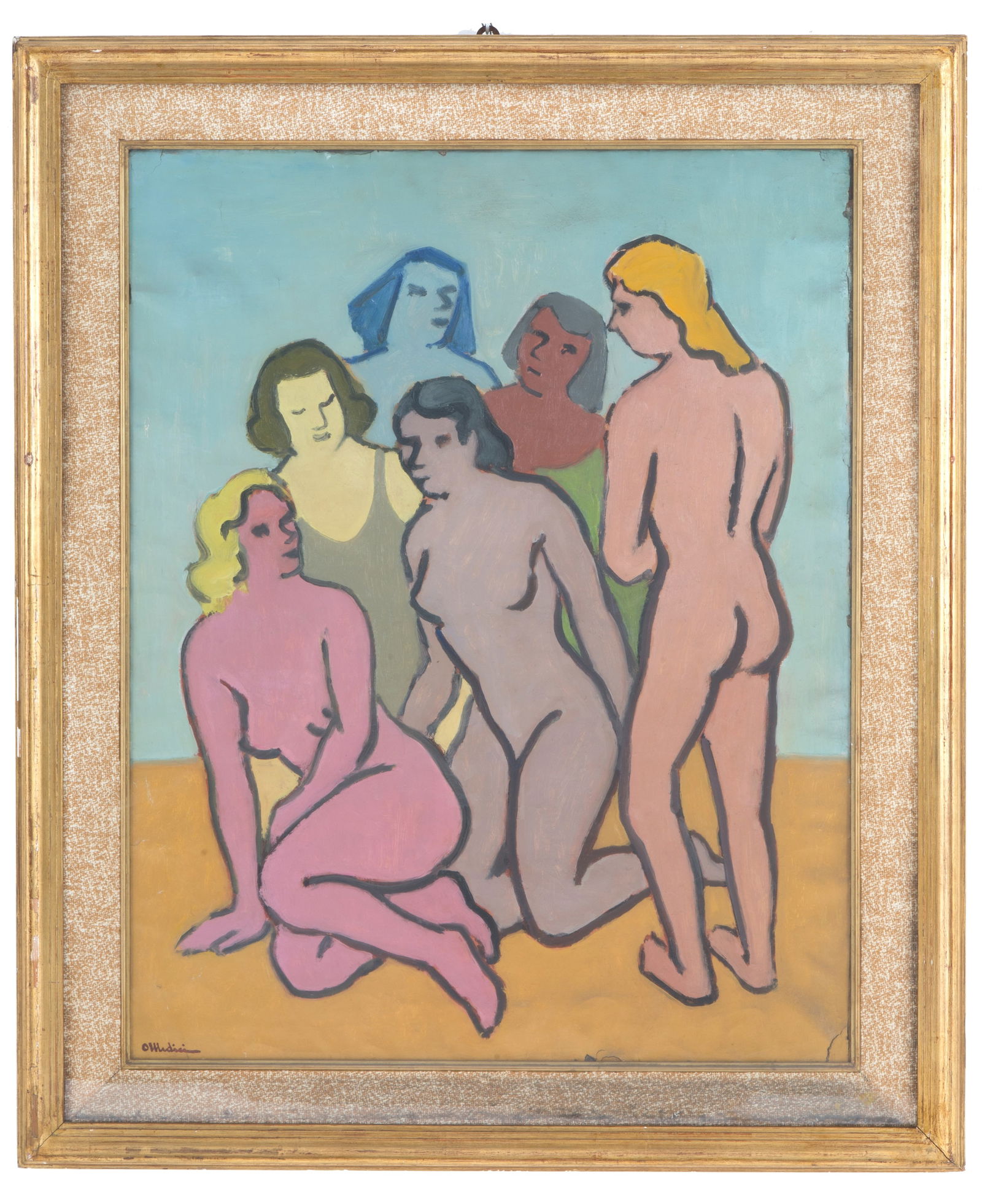 OSVALDO MEDICI DEL VASCELLO. Painting "GROUP": OSVALDO MEDICI DEL VASCELLO (Torino 1902 - Firenze 1978). Tempera on canvas titled "GRUPPO". Signed lower left. Titled and dated 1946 on the back. Framed. Defects. 90x60 cm approx. OSVALDO MEDICI DEL