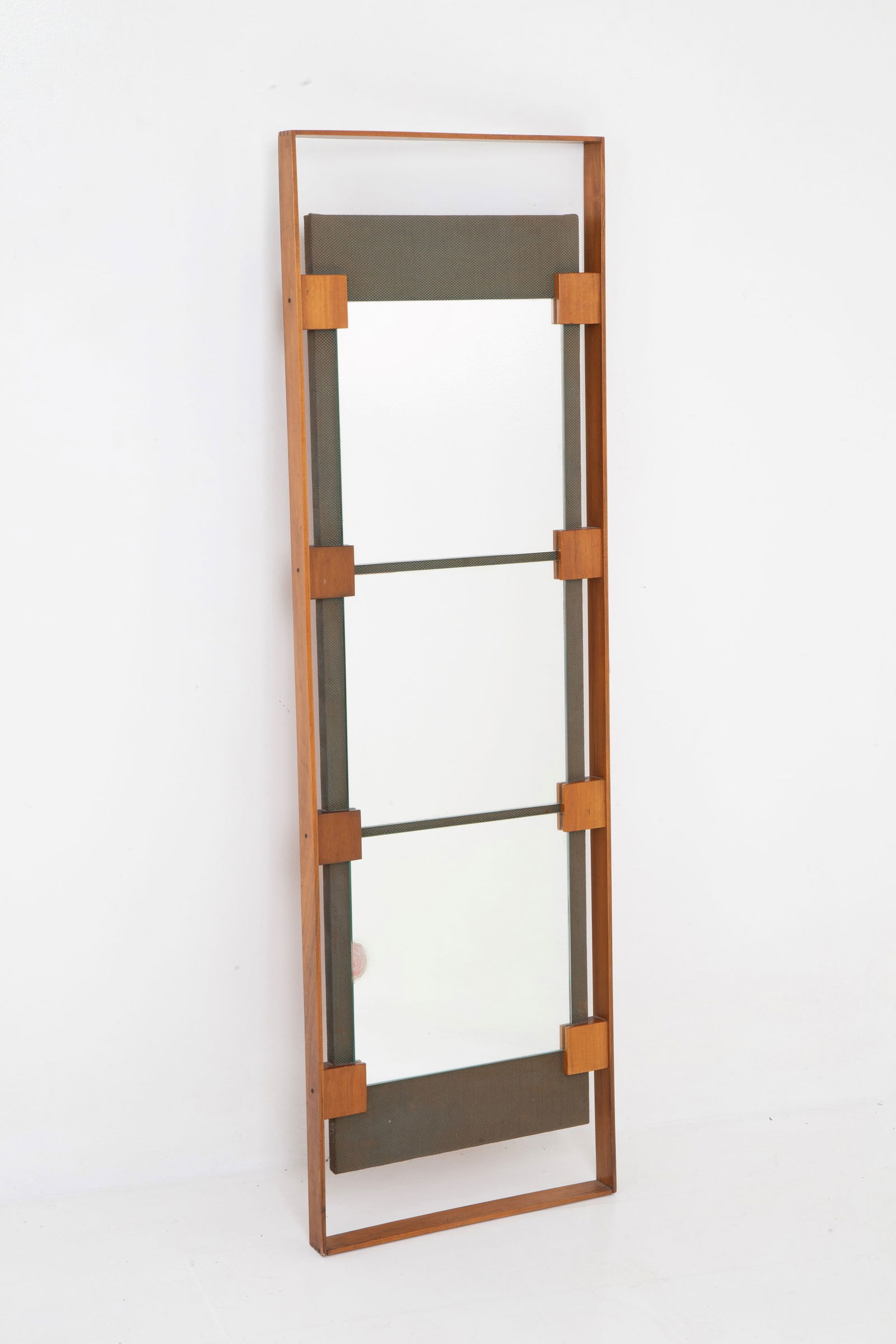 ICO PARISI. Mirror: ICO PARISI (Palermo 1916 - Como 1996). Three-compartment mirror in wood and fabric. STILDOMUS production (attr.). 1960s. 130x41 cm approx. ICO PARISI (Palermo 1916 - Como 1996). Specchiera a tre compa