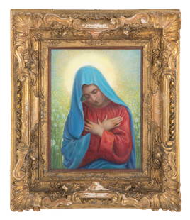 Painting "MADONNA": Oil painting on panel depicting "MADONNA." Signed G. PICCIOLI lower left. 20th century. In a carved and gilded frame. 27.5x21 cm approx. Dipinto olio su tavoletta raffigurante "MADONNA". Firmato G. PI