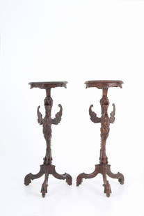 Pair of gueridons: Pair of wooden dragon-shaped gueridons. Venice. Late 19th century. Height approx. 92 cm. Coppia di gueridon a forma di drago in legno. Venezia. Fine XIX secolo. Alt. 92 cm ca.