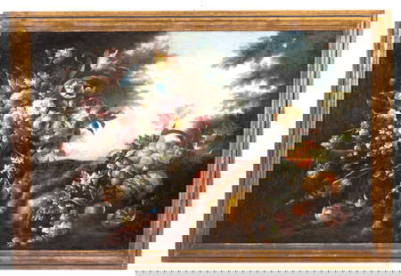 Painting "STILL LIFE AND VASE OF FLOWERS": Oil on canvas depicting "STILL LIFE AND VASE OF FLOWERS". 19th century. In a lacquered and gilded wooden frame. Defects and restorations. 89x139 cm approx. Dipinto olio su tela raffigurante "NATURA MO