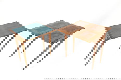 Two game tables: Two folding game tables made of various woods, one with a geometrically inlaid top, the other with a cloth top. 19th century. Defects, breaks, and missing parts. Closed dimensions: 81x77.5x38 cm appro