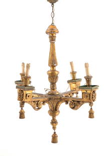 Golden wooden chandelier: Four-branch chandelier in carved, gilded wood and painted sheet metal. Sicily. Louis XVI period. Defects and missing parts. 107x76 cm approx. Lampadario a quattro bracci in legno intagliato e dorato e